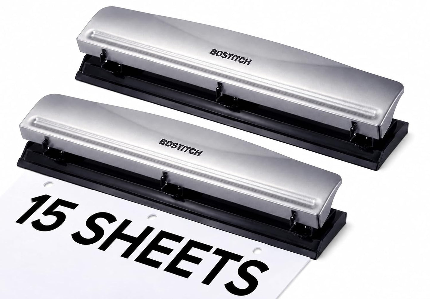Bostitch Office Premium 3 Hole Punch, 12 Sheet Capacity, Metal, Rubber Base, Easy-Clean Tray, Silver