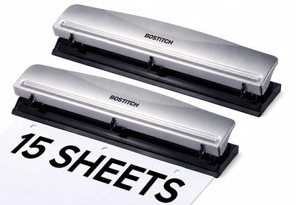 Bostitch Office Premium 3 Hole Punch, 12 Sheet Capacity, Metal, Rubber Base, Easy-Clean Tray, Silver