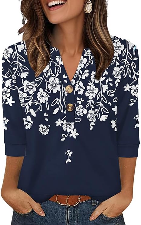 OFEEFAN Womens Tops 3/4 Sleeve Henley Shirts for Women Summer Outfits Fashion Clothing