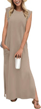 GRECERELLE 2026 Women Year-Round Casual Round Neck Loose Split Wrinkle-Free Long Maxi Vacation Dress with Pockets (XXS-4XL)