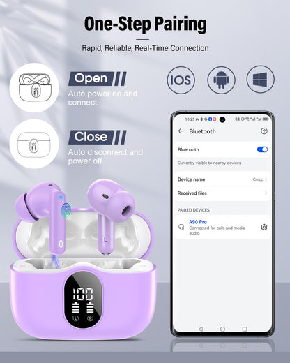 Wireless Earbuds, Bluetooth 5.4 Headphones Bass Stereo/Clear Calls, Black