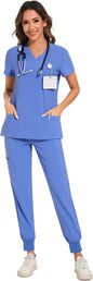 COZYFIT Scrubs for Women Set - Stretch V-Neck & Jogger Pant with 9 Pockets