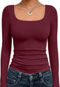 Trendy Queen Womens Square Neck Long Sleeve Shirts Double Lined Fall Tops