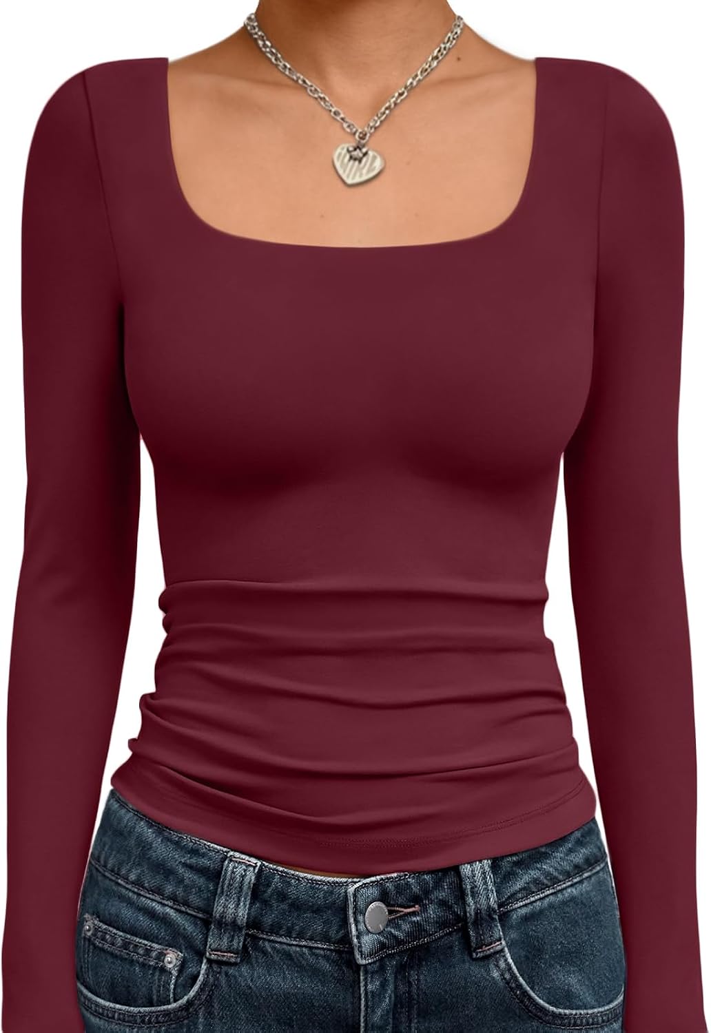 Trendy Queen Womens Square Neck Long Sleeve Shirts Double Lined Fall Tops