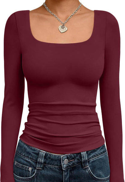 Trendy Queen Womens Square Neck Long Sleeve Shirts Double Lined Fall Tops