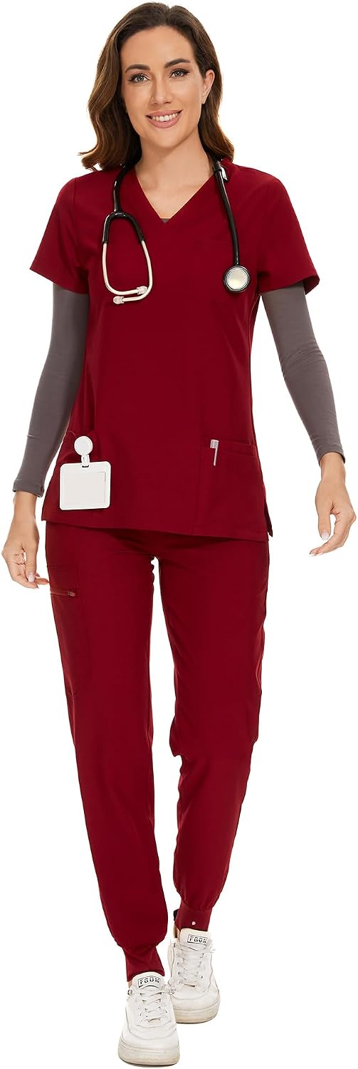 COZYFIT Scrubs for Women Set - Stretch V-Neck & Jogger Pant with 9 Pockets