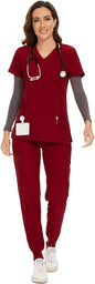 COZYFIT Scrubs for Women Set - Stretch V-Neck & Jogger Pant with 9 Pockets