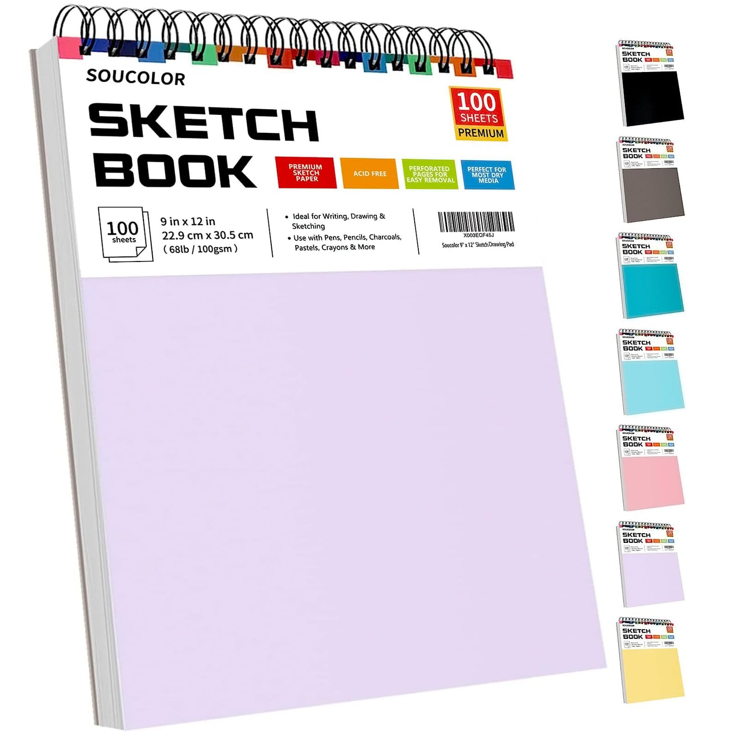 Soucolor Sketch Book 9" x 12", 100 Sheets Kids Art Sketchbook Drawing Pad