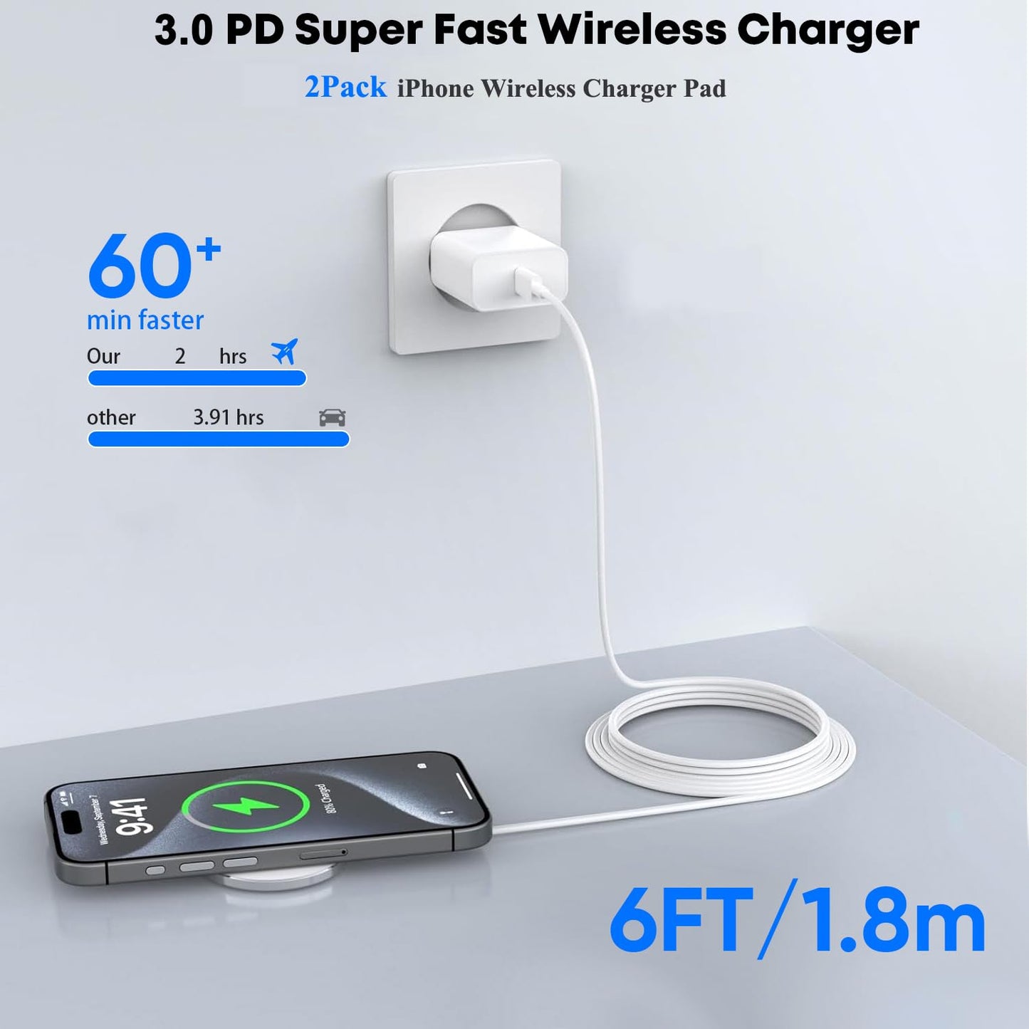 Magnetic Wireless Charger for iPhone,2 Pack Apple Magsafe Charger 10FT Long