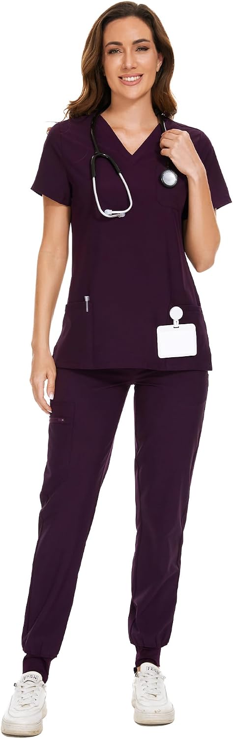 COZYFIT Scrubs for Women Set - Stretch V-Neck & Jogger Pant with 9 Pockets