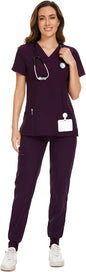 COZYFIT Scrubs for Women Set - Stretch V-Neck & Jogger Pant with 9 Pockets