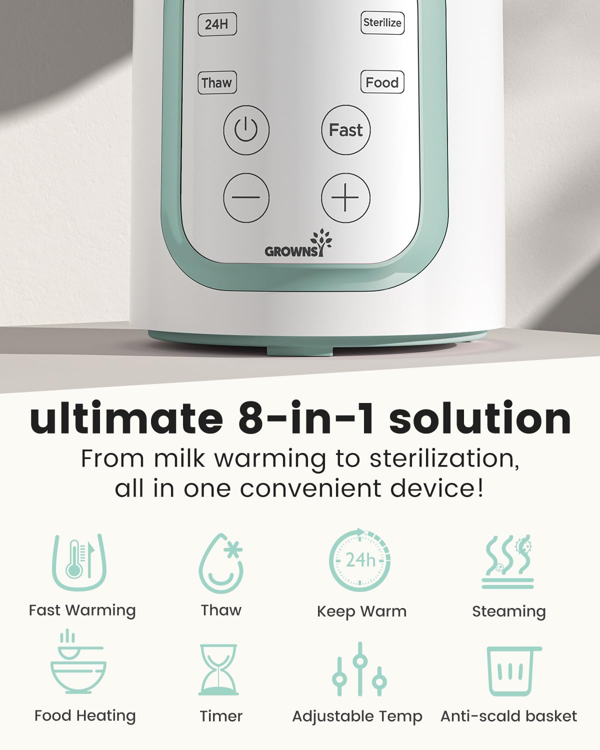 Grownsy 8-in-1 OG Fast Bottle Warmer with Timer, Gray