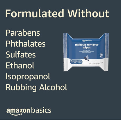 Amazon Basics Makeup Remover Wipes, Fragrance-Free, Alcohol-Free, Gentle Cleansing, Plant-Based, Dermatologist Tested, Removes Waterproof Mascara, Resealable, 25 Count, 1-Pack