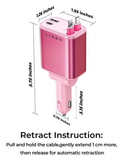 LISEN Retractable Car Charger, 84W Car Charger USB C Fast Charge, 4 in 1