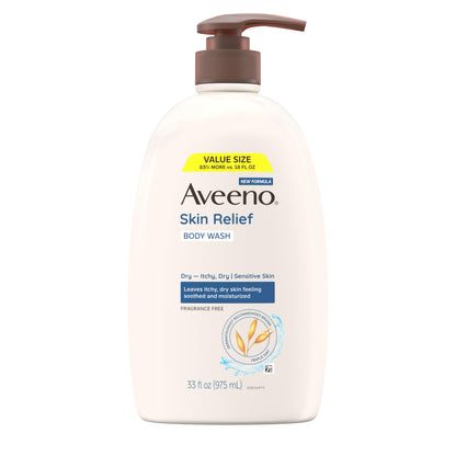 Aveeno Skin Relief Body Wash with Triple Oat Complex, Fragrance-Free, Gentle Daily Body Wash for Sensitive Skin Leaves Itchy, Dry Skin Feeling Soothed & Moisturized, Value Size 33 Fl Oz
