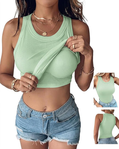 CHICME Women Built-in Bra Tank Tops Sleeveless Racerback Ribbed Fitted Tops