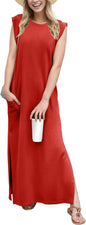 GRECERELLE 2026 Women Year-Round Casual Round Neck Loose Split Wrinkle-Free Long Maxi Vacation Dress with Pockets (XXS-4XL)