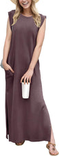 GRECERELLE 2026 Women Year-Round Casual Round Neck Loose Split Wrinkle-Free Long Maxi Vacation Dress with Pockets (XXS-4XL)
