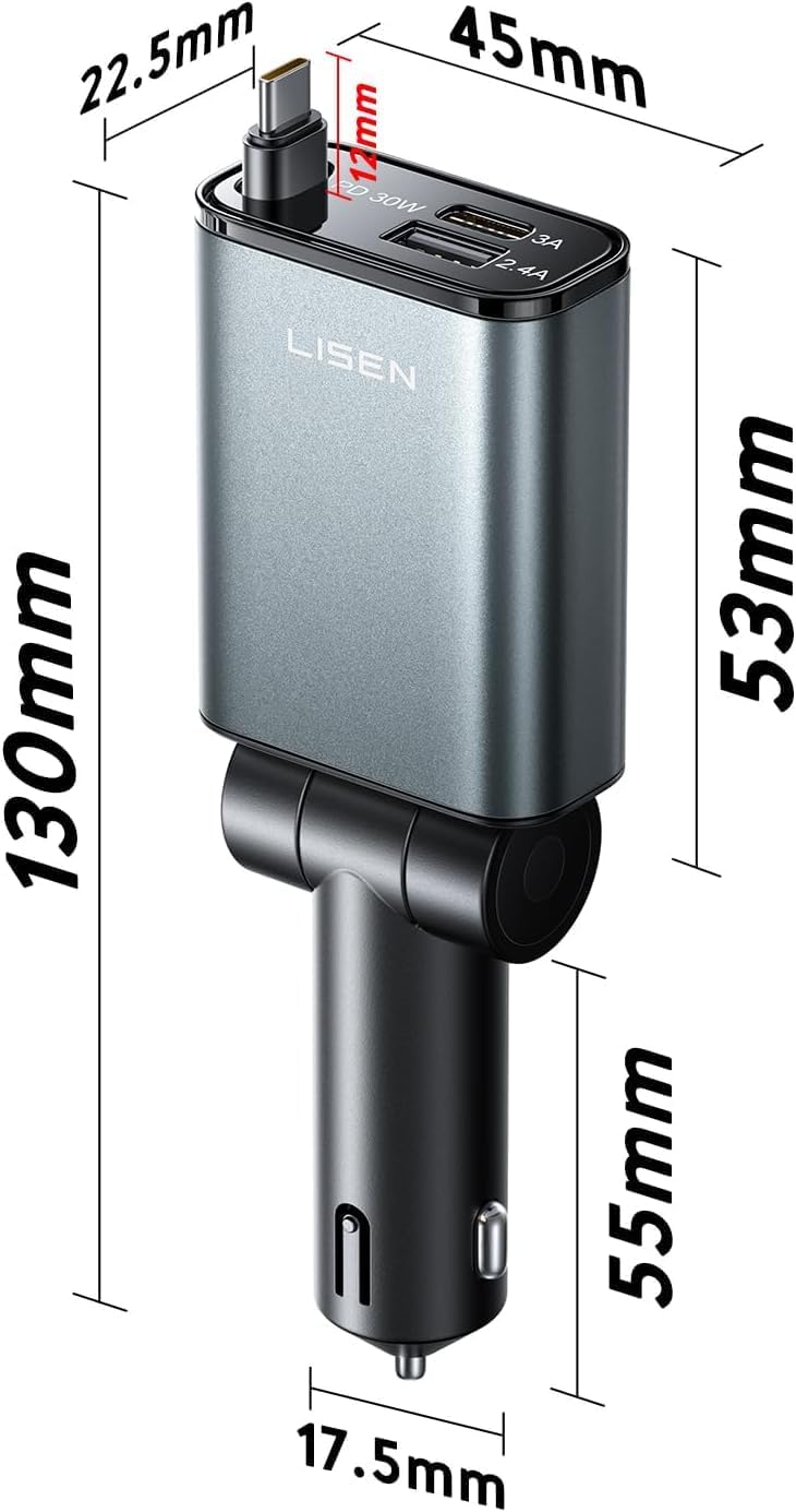 LISEN 72W Retractable Car Charger Ultra-Compact USBC Fast Car Charger