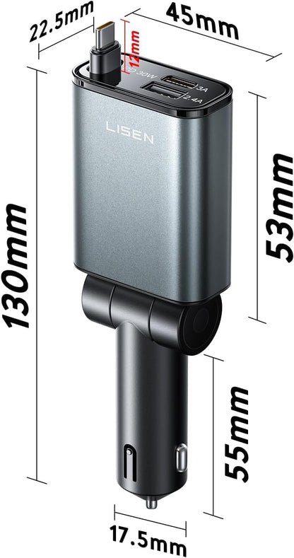 LISEN 72W Retractable Car Charger Ultra-Compact USBC Fast Car Charger