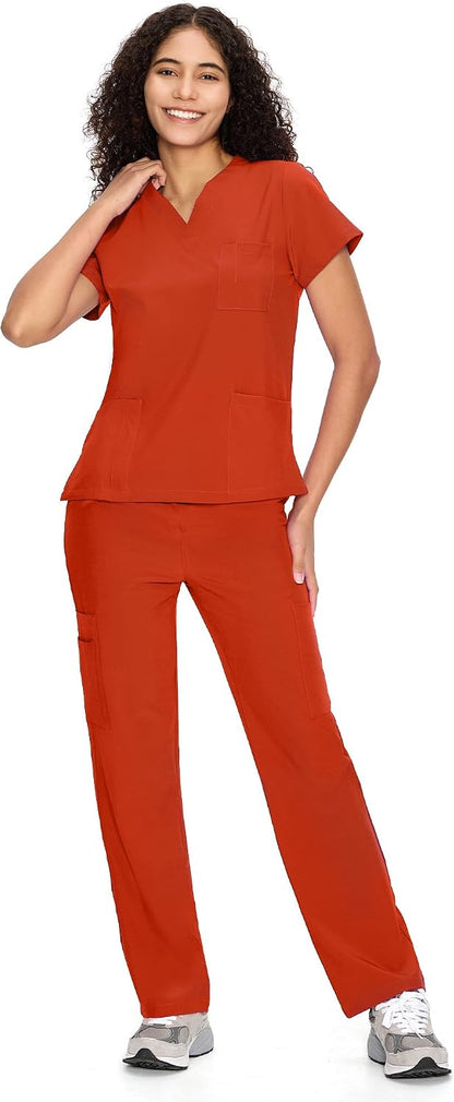 COZYFIT Scrubs for Women Set - V-Neck & Straight Leg Pants with 9 Pockets