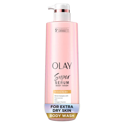 Olay Super Serum Body Wash for Extra Dry Skin, 24hr Long Lasting Rich Hydration, 5+ Ingredient Complex for Bright, Even, Firm, & Luminous Skin, with Collagen Peptide, Vitamin C & Shea Butter, 20 fl oz