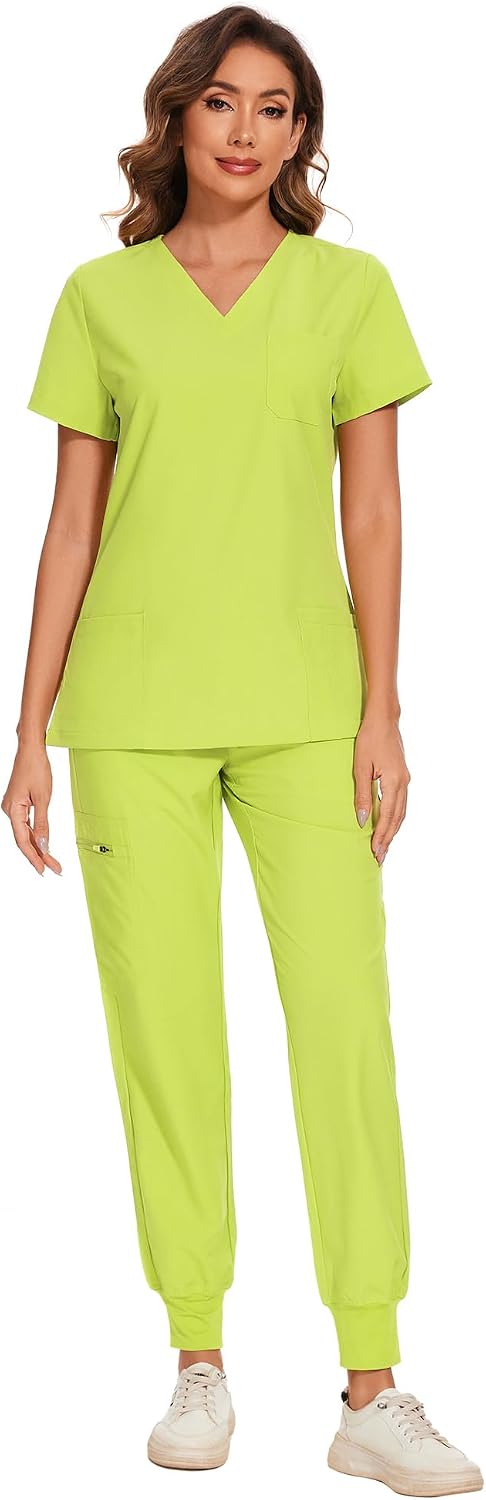 COZYFIT Scrubs for Women Set - Stretch V-Neck & Jogger Pant with 9 Pockets