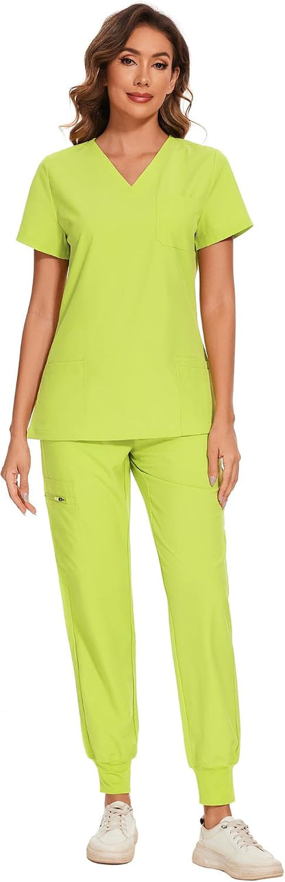 COZYFIT Scrubs for Women Set - Stretch V-Neck & Jogger Pant with 9 Pockets