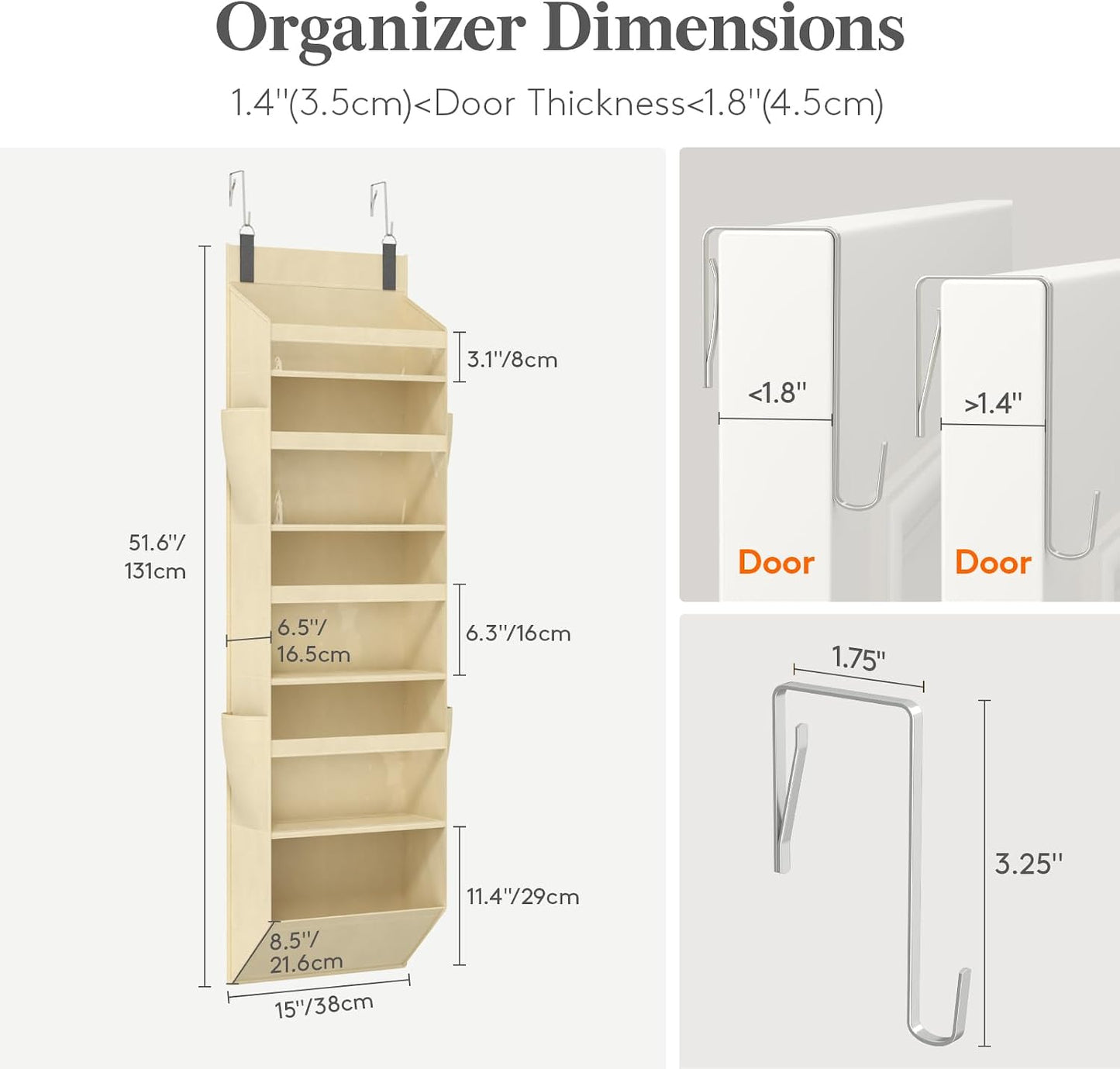 Lifewit 1 Pack Over the Door Organizer, 5 Section Hanging Storage, Beige