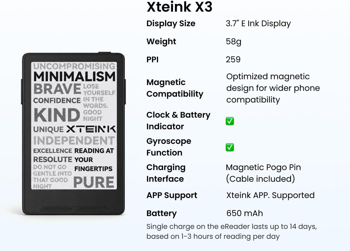 XTEINK X3 3.7" Pocket E-Ink eBook Reader, Mist Gray