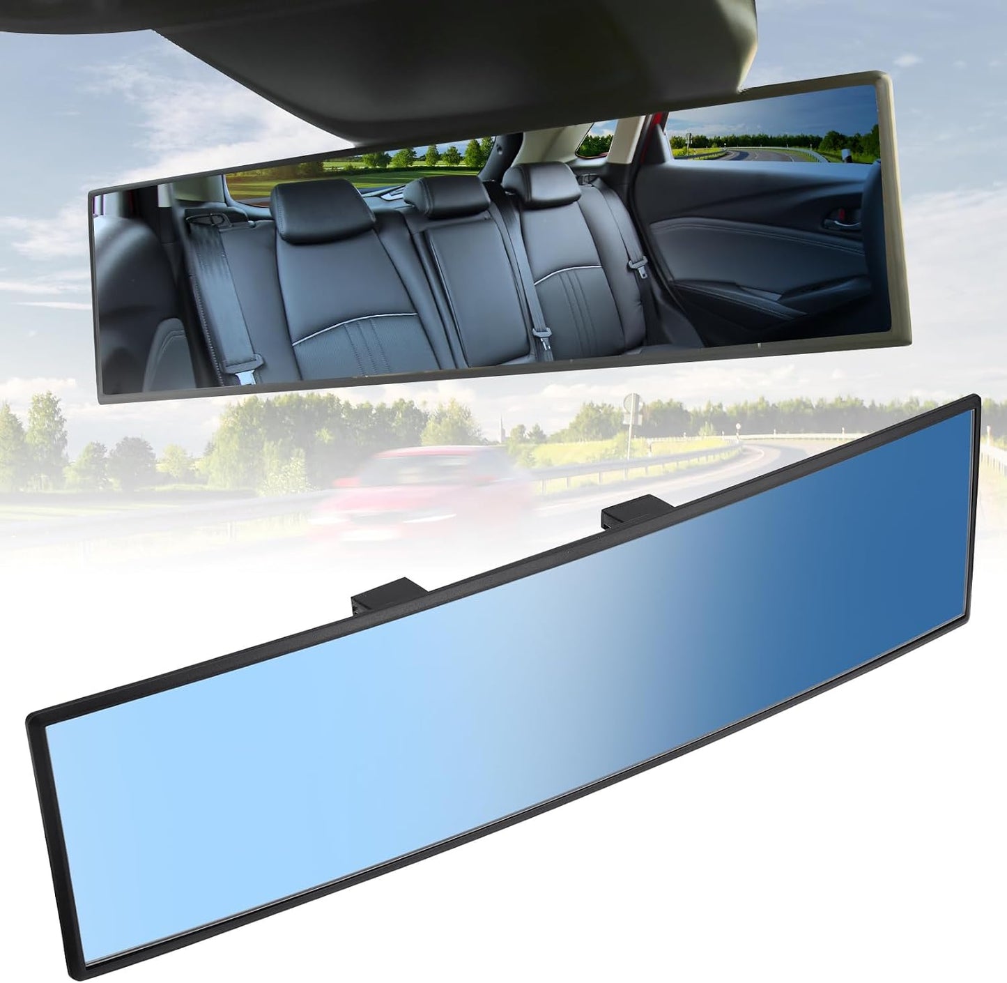 JOYTUTUS Rear View Mirror, Universal 12 Inch Panoramic Convex Rearview Interior Clip-on Wide Angle Mirror to Reduce Blind Spot Effectively for Car SUV Trucks - Blue