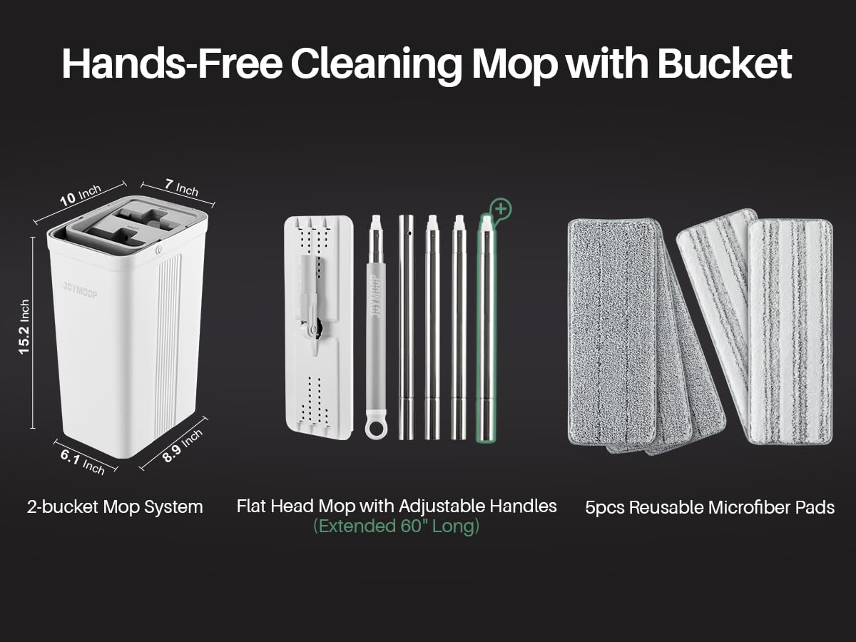 JOYMOOP Wall Mop and Bucket Set, Hands-Free Flat Floor Mop with 3 Washable Microfiber Pads, Wet and Dry Use, Ideal for Home and Commercial Floor Cleaning