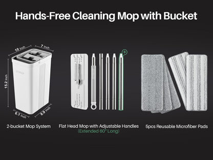 JOYMOOP Wall Mop and Bucket Set, Hands-Free Flat Floor Mop with 3 Washable Microfiber Pads, Wet and Dry Use, Ideal for Home and Commercial Floor Cleaning