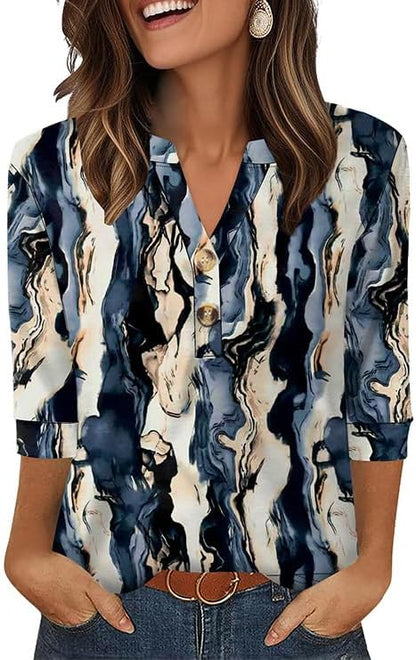 OFEEFAN Womens Tops 3/4 Sleeve Henley Shirts for Women Summer Outfits Fashion Clothing