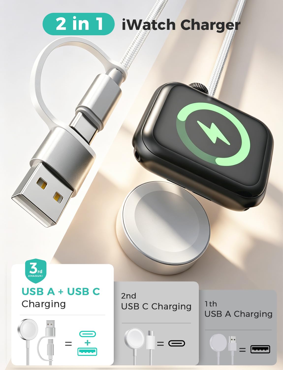 6.6FT Long for Apple Watch Charger USB Magnetic Fast Charging Cable Portable Wireless Charging Accessories Compatible with iWatch Series 11/10/9/8/7/6/5/4/3/2 Ultra 3/2/SE