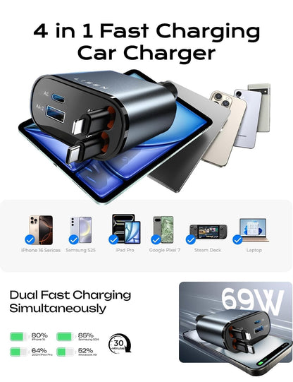 LISEN Retractable Car Charger, 84W Car Charger USB C Fast Charge, 4 in 1