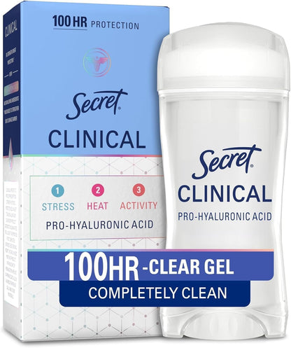Secret Clinical Strength 100HR Sweat & Odor, Clear Gel Antiperspirant Deodorant for Women, 3X Stress Protection with Hyaluronic Acid, PH Balancing Minerals, Clear Lavender Scent, 2.6 oz