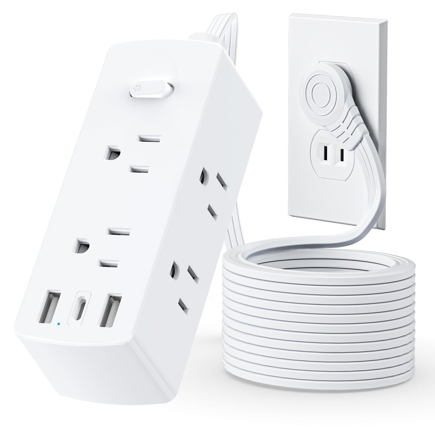 Olcorife Flat Plug Power Strip with 5 FT Extension Cord, 6 Outlets 3 USB Ports(1 USB C), 3 Sided Outlet Extender for Home Office Travel Dorm Room Essentials, White