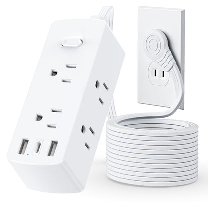 Olcorife Flat Plug Power Strip with 5 FT Extension Cord, 6 Outlets 3 USB Ports(1 USB C), 3 Sided Outlet Extender for Home Office Travel Dorm Room Essentials, White