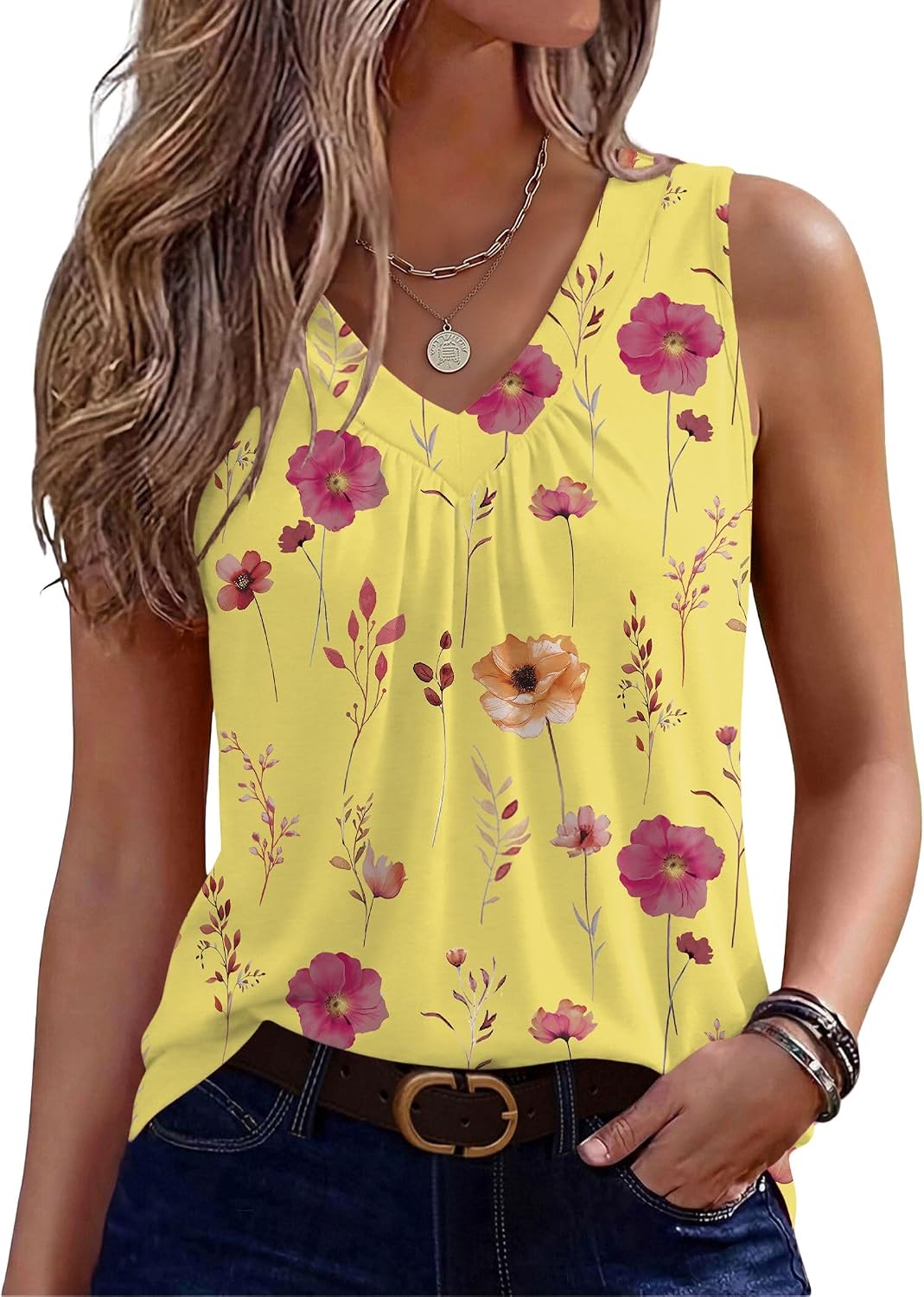 Zeagoo Womens Tank Tops Summer Sleeveless Tops V Neck Pleated Shirts