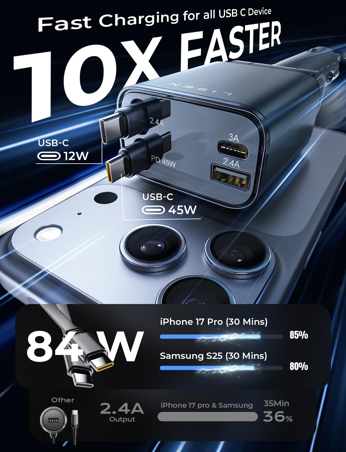 LISEN Retractable Car Charger, 84W Car Charger USB C Fast Charge, 4 in 1