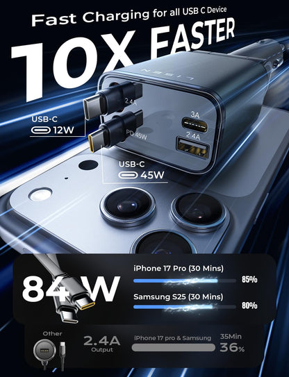 LISEN Retractable Car Charger, 84W Car Charger USB C Fast Charge, 4 in 1