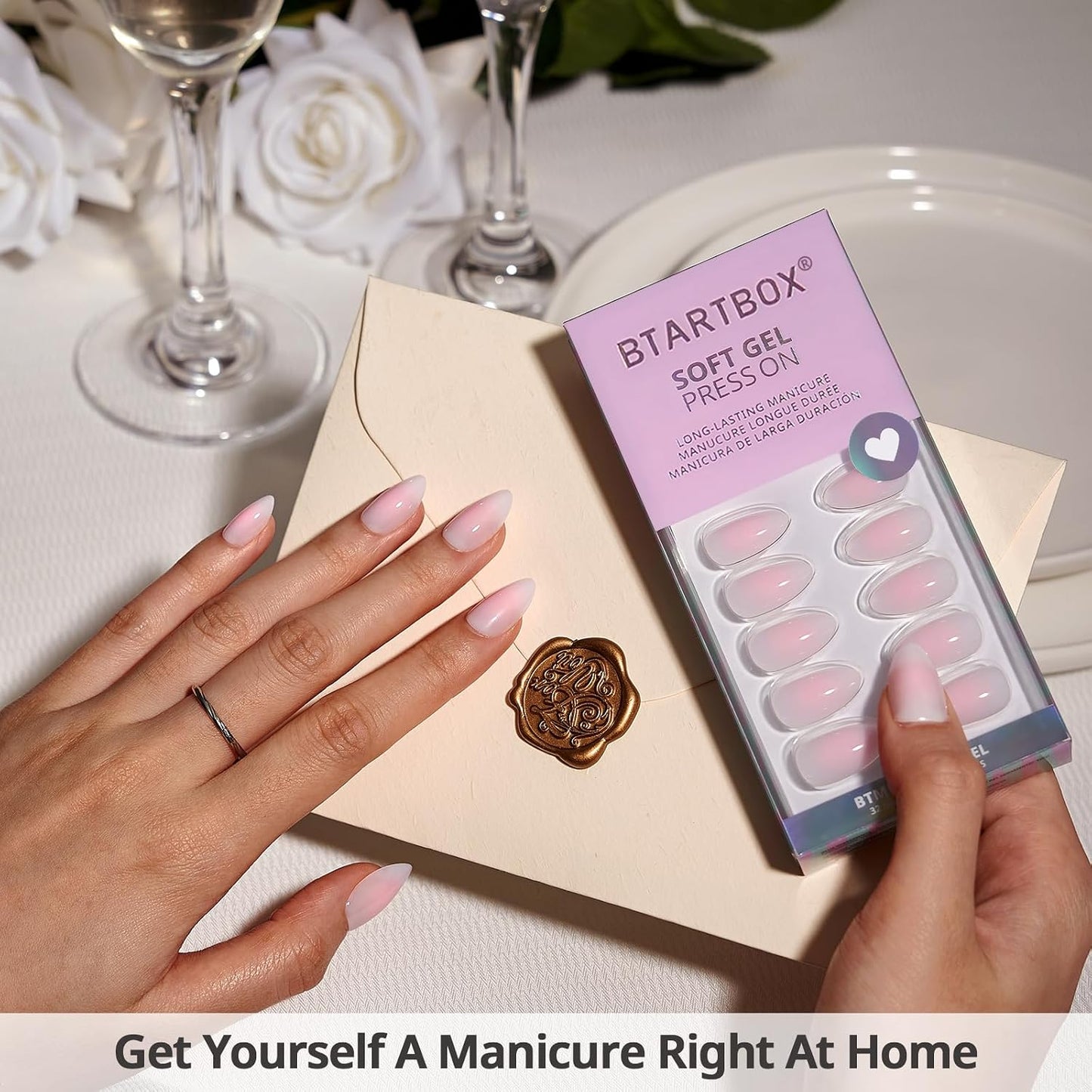 BTArtbox Press On Nails, Vanilla Cream, Short Square, Ombre Peach, 32Ct