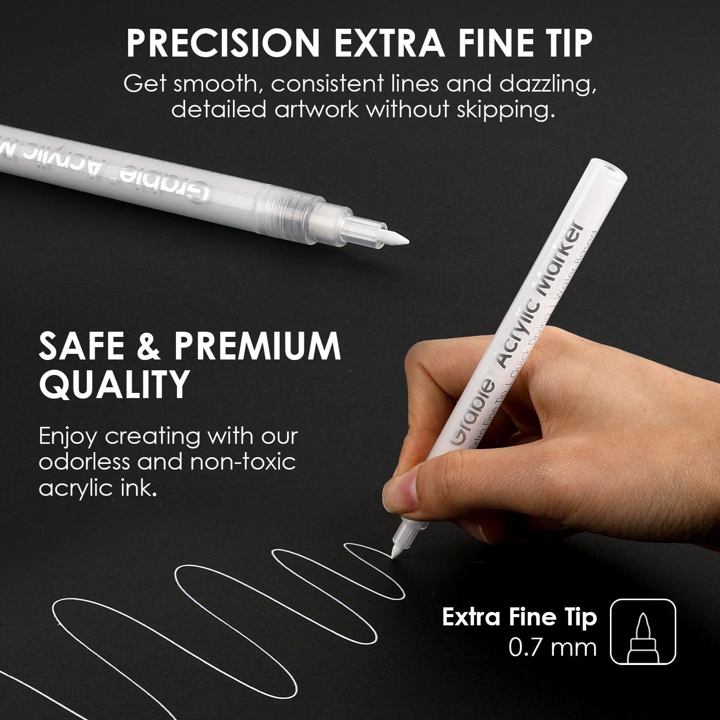 Grabie 6 White Acrylic Paint Markers, 0.7 mm Extra Fine Tip