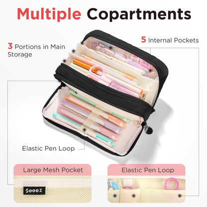 Sooez Large Pencil Case Pouch, Extra Big Pencil Bag with 8 Compartments, Pen Bag Wide Opening, Soft Quilted Pencil Pouch Organizer with Zipper, Portable Pencil Case for Teen Girls, Beige