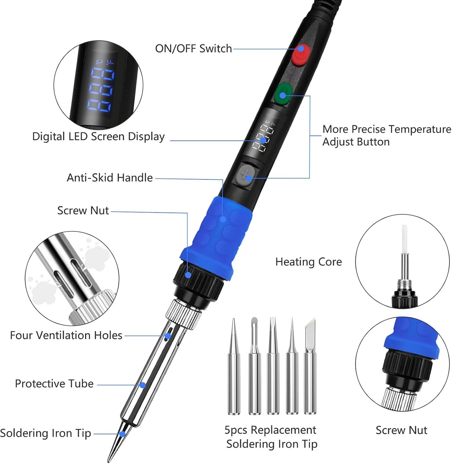 Soldering Iron, 60W 110V Adjustable Temperature Soldering Iron Pen, Portable Welding Tool, Fast Heating, for Electronic Repair, Jewelry, DIY
