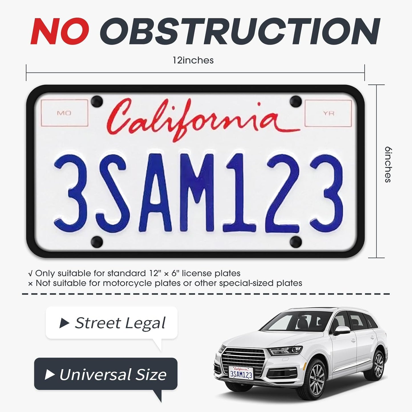 Aujen Silicone License Plate Frames,2 Pack Black Side-Opening License Bracket Holder with Easy Installation, License Plate Frame Without Obstruction.Rustproof, Rattle Proof & Weatherproof Universal
