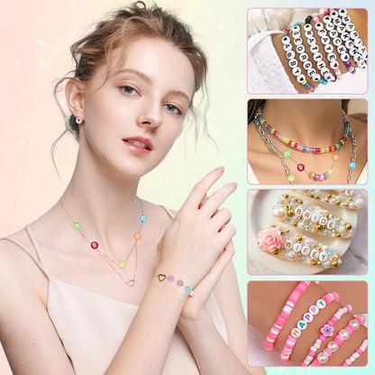 Looconi 810pcs Gold Letter Beads Square 6x6mm White Cube Acrylic Alphabet A-Z with Heart Pattern and Crystal Line for Jewelry Making