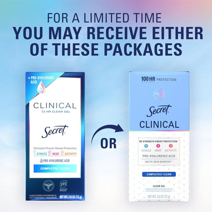 Secret Clinical Strength 100HR Sweat & Odor, Clear Gel Antiperspirant Deodorant for Women, 3X Stress Protection with Hyaluronic Acid, PH Balancing Minerals, Clear Lavender Scent, 2.6 oz