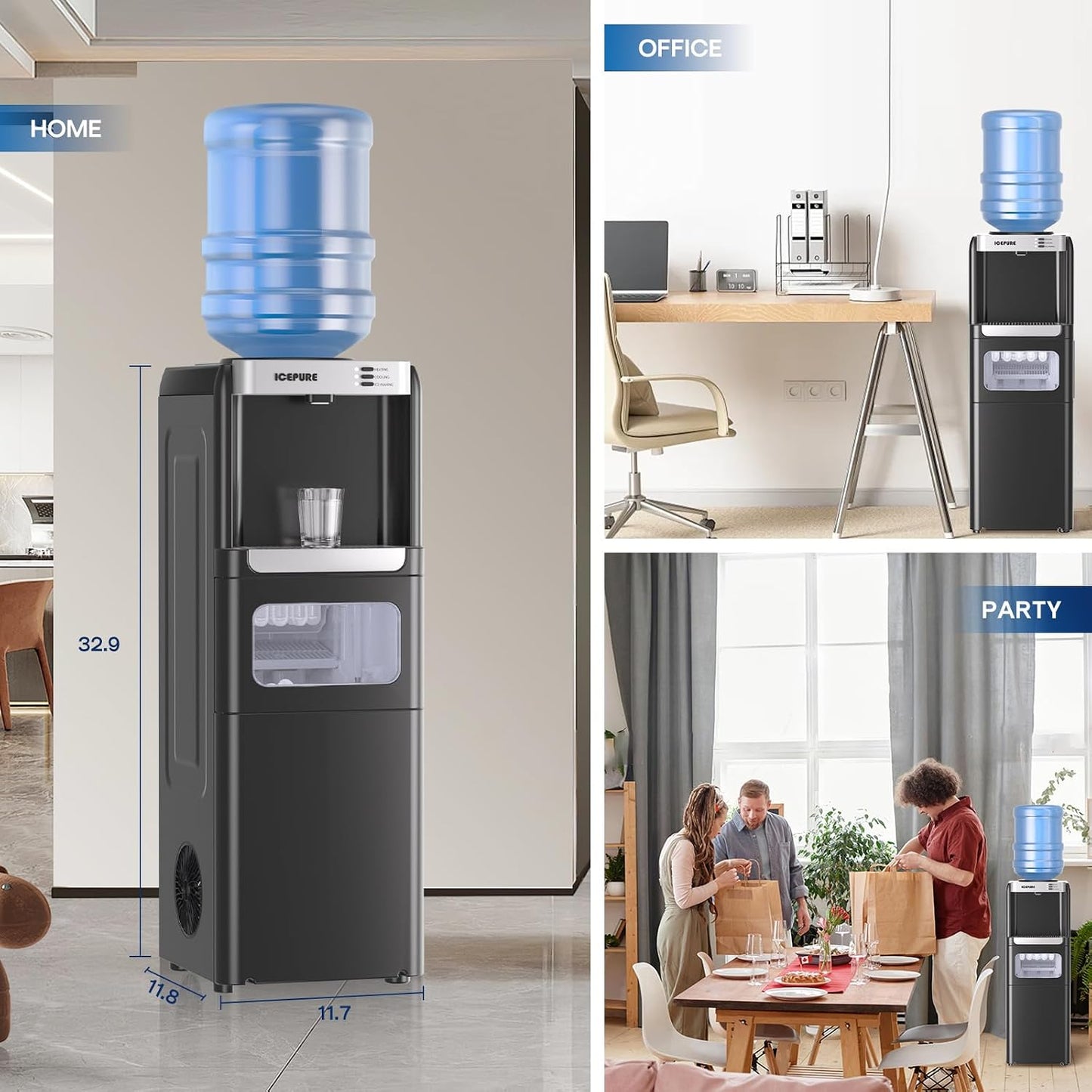 ICEPURE Water Cooler Dispenser with Built-in Ice Maker, 33lbs/24H